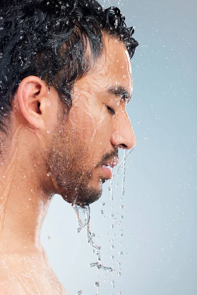 Man Water Running His Face Shower Young Man Washing His — Stok fotoğraf