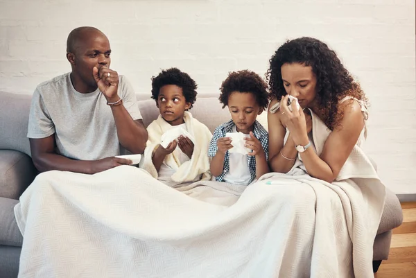 African American Family Four Feeling Sick Unwell Flu Cold While — Photo