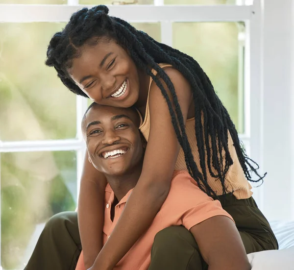 Young Black African American Couple Smiling Laughing Lovingly Embrace Bedroom — Stock fotografie
