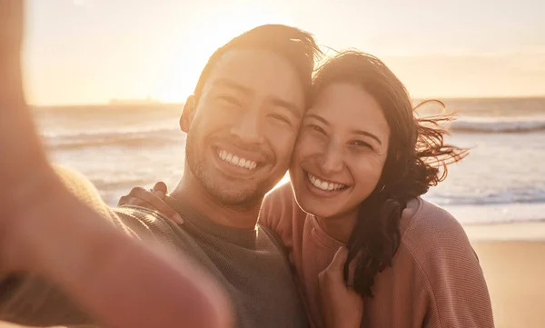 Portrait Young Diverse Biracial Couple Taking Selfie Beach Having Fun — Stockfoto