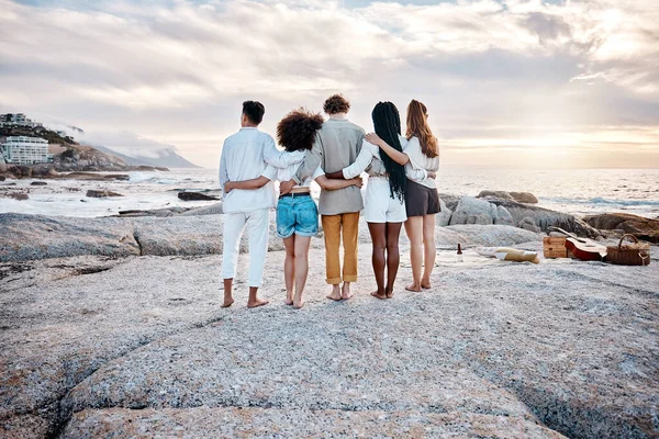 Rear View Unknown Group Friends Enjoying Time Together Beach Diverse – stockfoto
