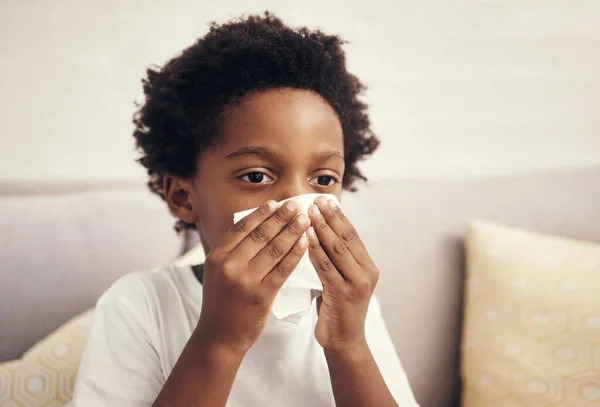 Sick African American Boy Afro Blowing Nose Tissue Child Suffering — Zdjęcie stockowe