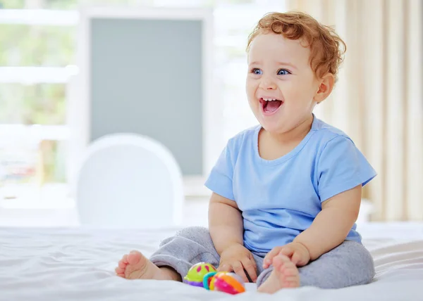 Full Length Shot Adorable Little Boy Playing His Parents Bedroom — Foto de Stock