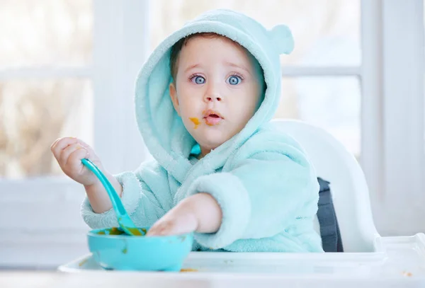 Shot Adorable Baby Boy Eating His Food — Fotografia de Stock