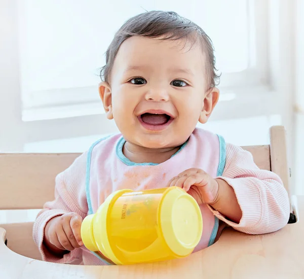 Shot Sweet Baby Girl Drinking Bottle Home — Stock Photo, Image