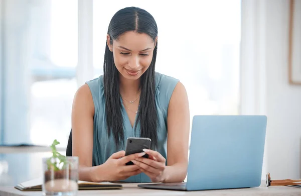 Happy Young Mixed Race Businesswoman Smiling While Using Phone Working — Stockfoto