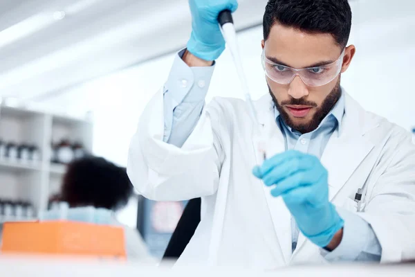 One Mixed Race Male Scientist Wearing Safety Goggles Labcoat While — Stockfoto
