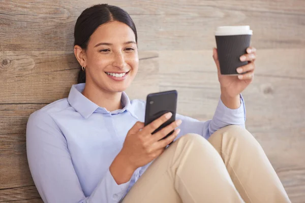 Young Happy Mixed Race Businesswoman Using Social Media Her Phone —  Fotos de Stock