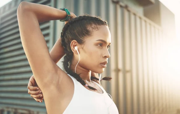 One Fit Young Hispanic Woman Stretching Arms Warmup Prevent Injury — Stock Photo, Image