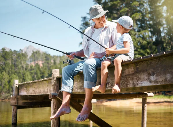 Shot Little Boy Fishing His Grandfather Lake Forest — Stok fotoğraf