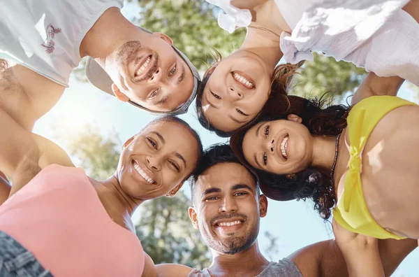 Low Angle Shot Diverse Group Friends Standing Huddled Together Day — Stock Photo, Image