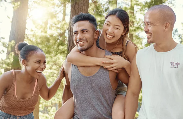 Shot Diverse Group Friends Bonding While Camping Woods — Stock Photo, Image