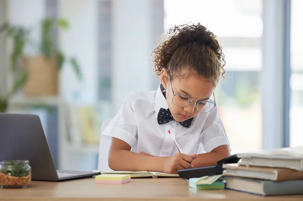 Shot Adorable Little Girl Dressed Businessperson Sitting Alone Office Writing —  Fotos de Stock