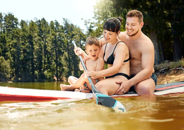 Full Length Shot Affectionate Young Family Three Having Fun Lake — Foto Stock