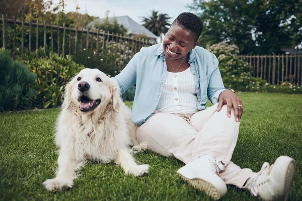 Shot Attractive Young Woman Petting Her Dog Garden — Stok fotoğraf