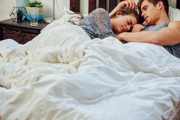 Shot Sad Woman Being Comforted Her Partner Bed — Stock Photo, Image