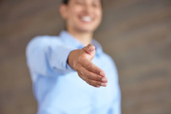 Closeup Businesswoman Giving Handshake Female Employee Reaching Her Hand Out — Stok fotoğraf