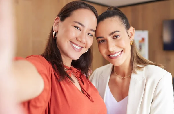 Shot Two Young Coworkers Taking Selfie Work — Foto Stock