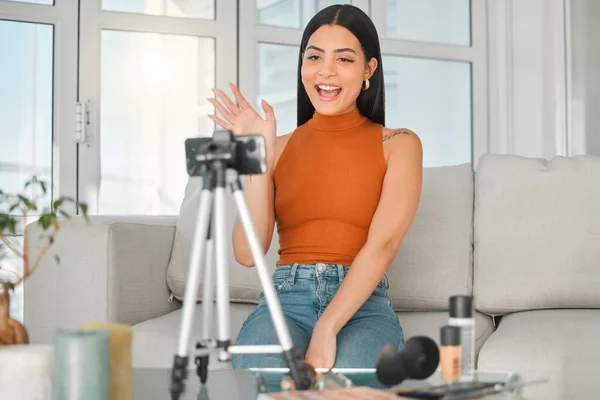 Cropped Shot Attractive Young Beauty Influencer Live Streaming Her Living — Foto Stock