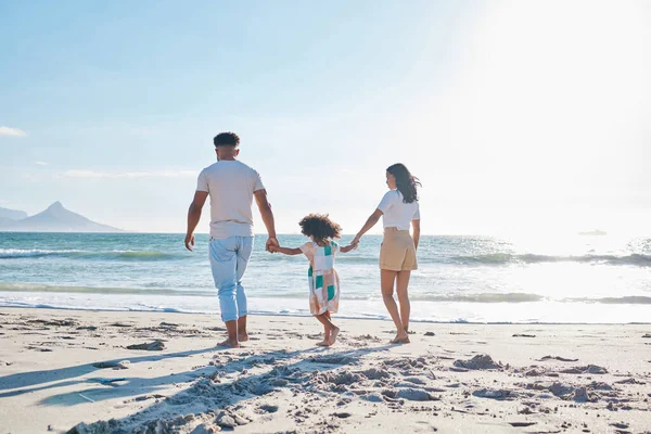 Full Length Shot Affectionate Young Family Three Taking Walk Beach — Stock Photo, Image