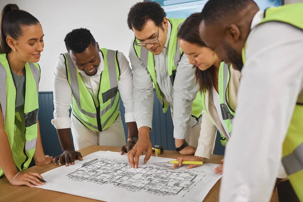 Closeup Happy Diverse Multiracial Group Architect Colleagues Analyzing Blueprint Design — Photo