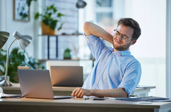 Shot Young Businessman Massaging His Neck Due Cramp — Stock Photo, Image