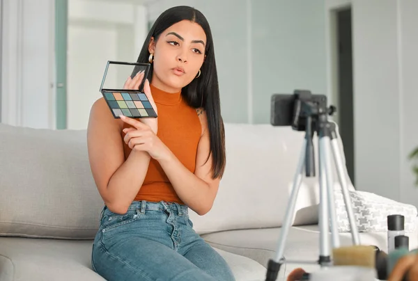 Cropped Shot Attractive Young Beauty Influencer Live Streaming Her Living — Foto Stock