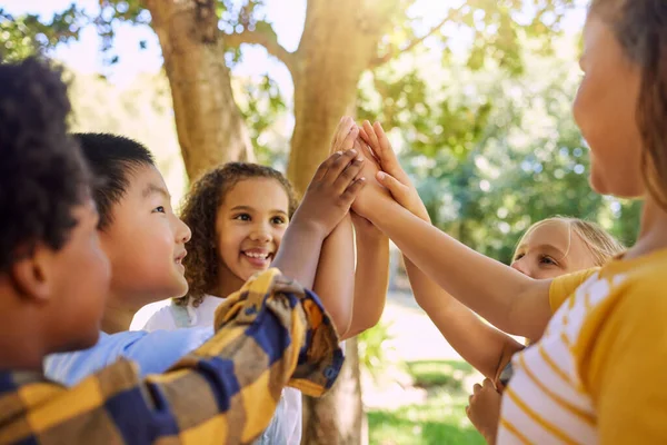 Shot Group Kids Giving Each Other High Five Summer Camp — ストック写真