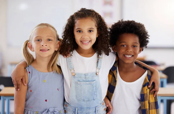 Shot Three Preschool Students Standing Together Class — ストック写真