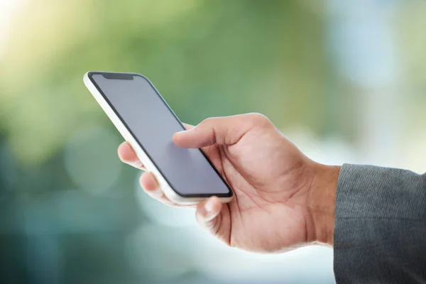 Cropped Shot Unrecognizable Businessman Using His Cellphone While Standing Office — Photo