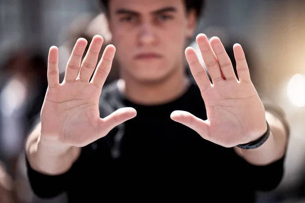 Shot Young Man His Hands Raised Protest — Stock Photo, Image