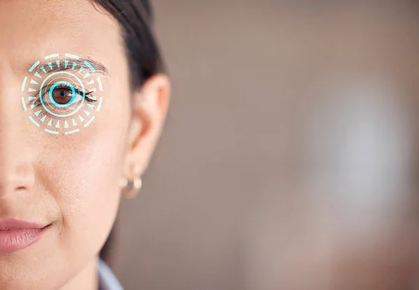 Artistic design of a retina scan with cgi, visual and special effects on hispanic woman for security. Closeup portrait of mixed race woman looking with an eye scanner. Front headshot of half a face.