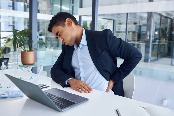 Shot Young Businessman Experiencing Back Pain While Working Office — Stock Photo, Image