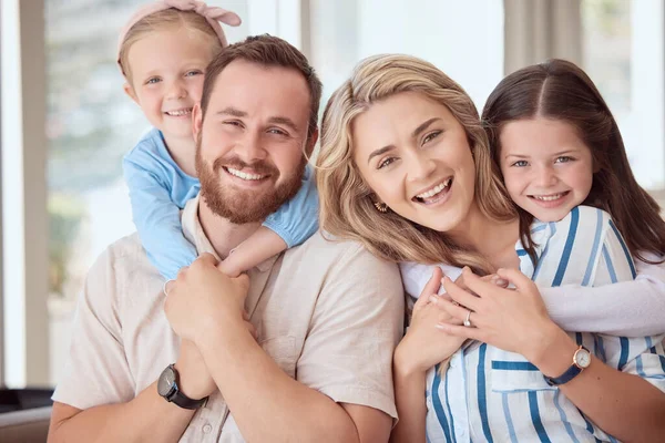 Portrait Cheerful Young Caucasian Family Hugging Bonding Home Two Smiling — ストック写真
