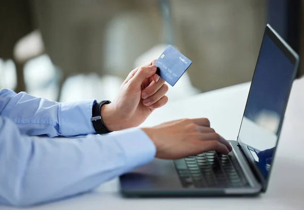 Closeup One Businessman Spending Money Online Credit Card Laptop Office — Stock Fotó