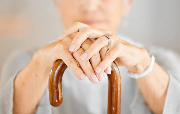 Closeup Shot Senior Woman Holding Walking Stick — 스톡 사진