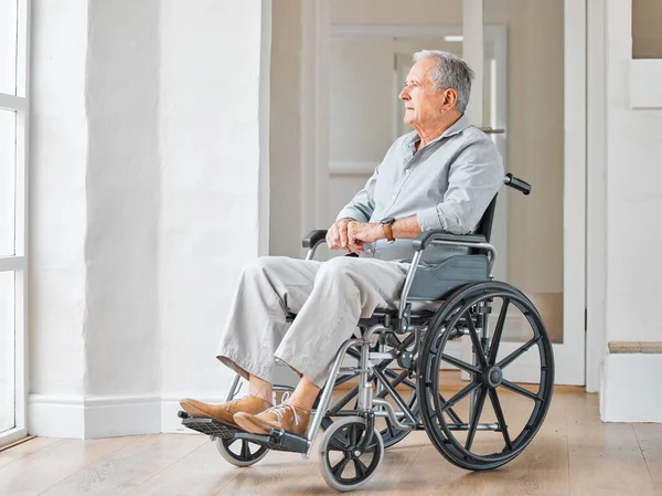 Shot Senior Man Sitting Wheelchair Looking Thoughtfully Out Window Home — Foto de Stock