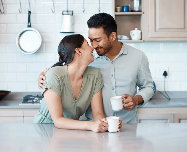 Shot Young Couple Having Cup Coffee Together Home —  Fotos de Stock