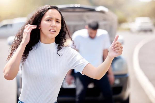 Shot Woman Gesturing Help While Stuck Road — Foto Stock