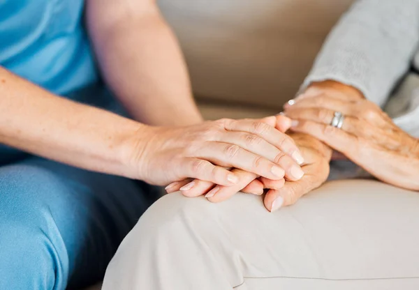 Closeup Shot Unrecognisable Nurse Holding Senior Womans Hand Comfort — Stockfoto