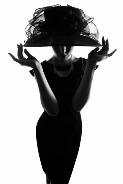 Studio Shot Stylish Woman Silhouette Wearing Wide Brimmed Hat White — Stockfoto