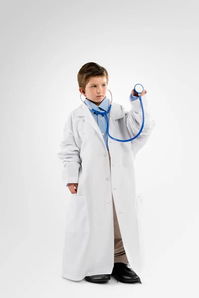 Studio Shot Adorable Little Boy Dressing Doctor — Stockfoto