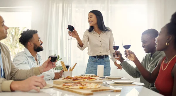 Shot Group People Sharing Toast Dining Table House — Foto de Stock