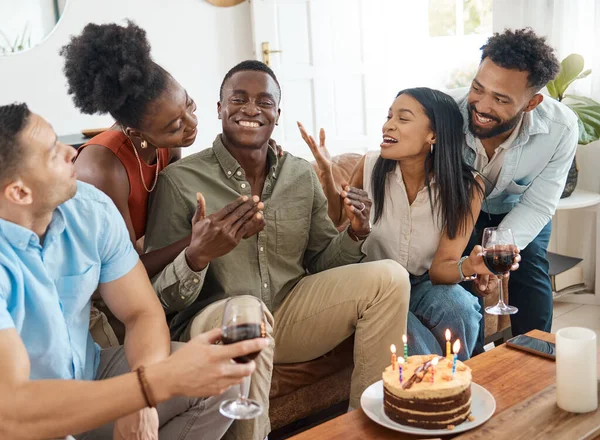 Shot Young Man Celebrating His Birthday Friends Home — Foto Stock