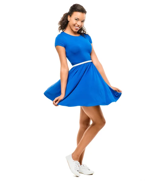 Shot Beautiful Woman Dancing Blue Dress Studio Background — Fotografia de Stock