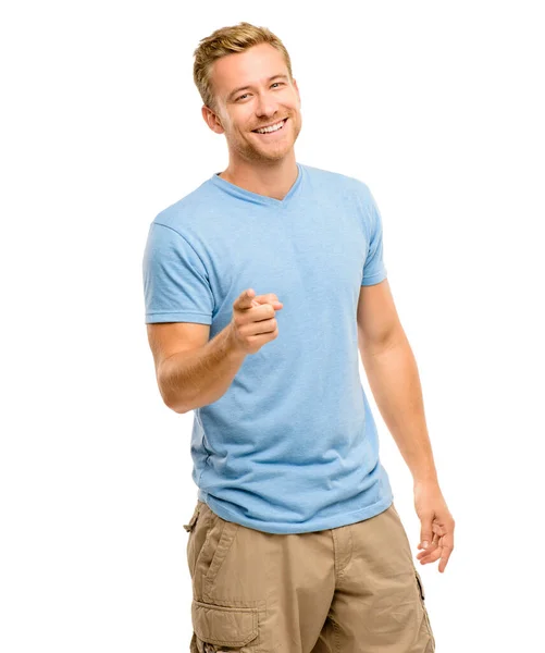 Shot Handsome Young Man Standing Alone Studio Pointing — Stock Photo, Image