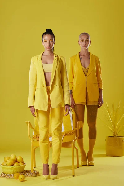 Shot Two Women Dressed Stylish Yellow Clothes Yellow Background — Zdjęcie stockowe