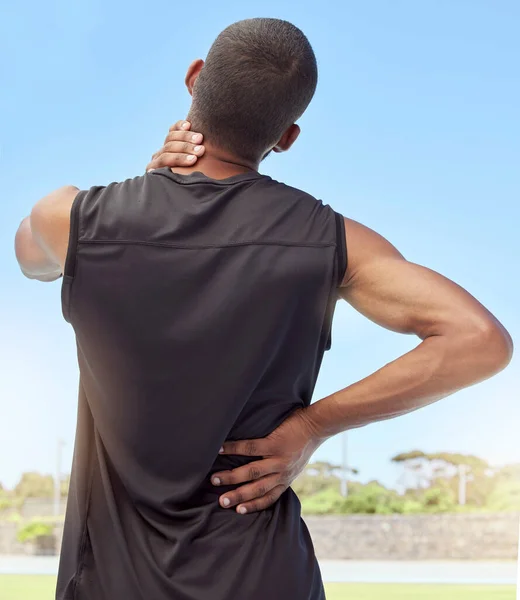 Rearview Athlete Neck Pain Closeup Back View Uncomfortable Young Sportsman — Stock Photo, Image