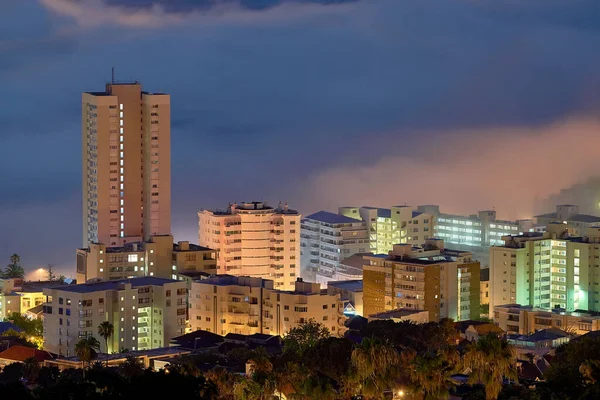 Aerial View Fancy Hotels Apartment Buildings Lit Brighly Sea Point — ストック写真