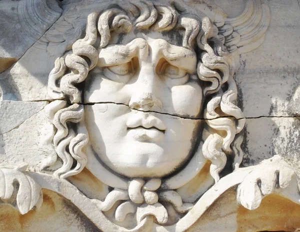 Closeup Face Carved Marble Classical Style Ancient Greeks Temple Apollo — Fotografia de Stock